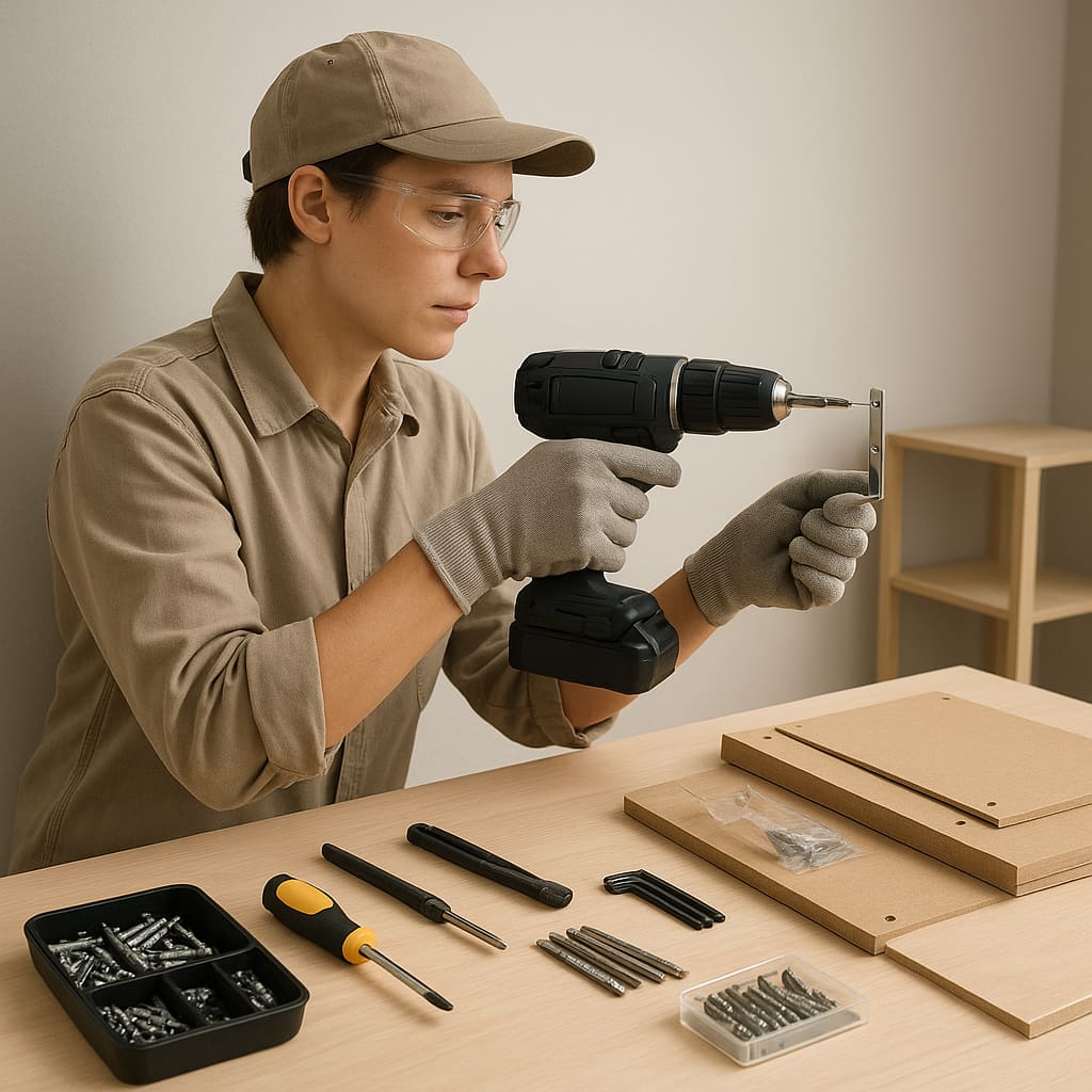 Handwerker bei der Montage einer Wandhalterung und beim Möbelaufbau